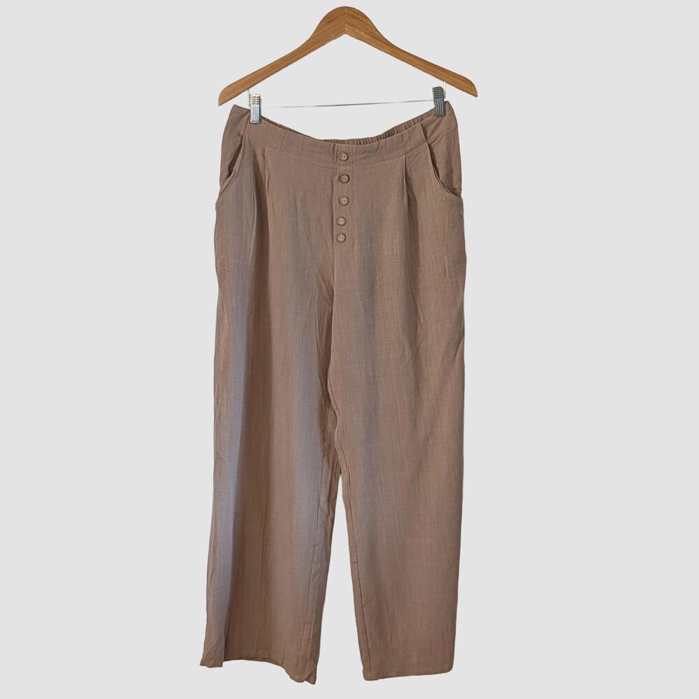 Feiersi Linen Blend Wide Leg Pants XL Tan Elastic Waist Resort Coastal NWT